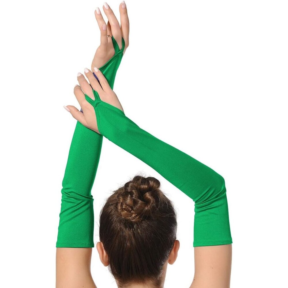 Women's Green Finger Loop Fingerless Elbow Length Long Satin Gloves Cosplay